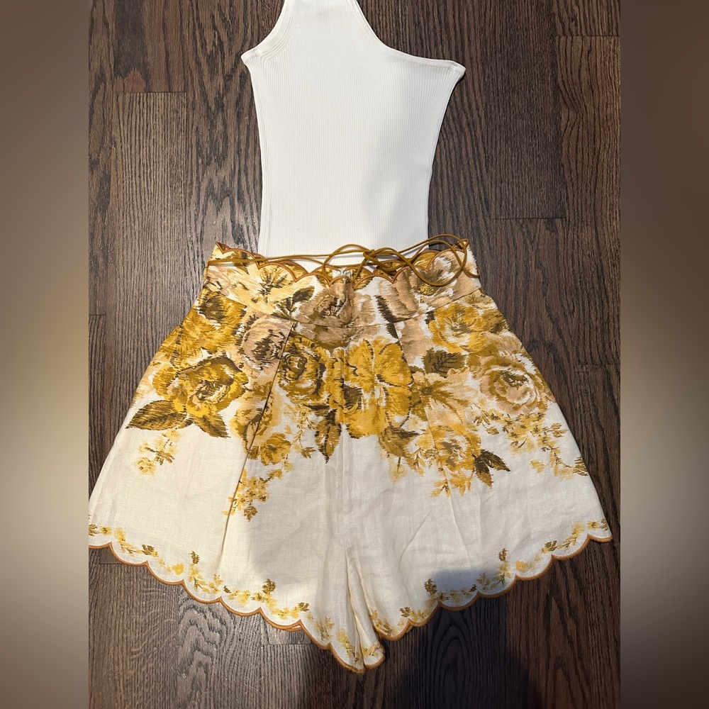 Zimmermann Yellow Floral High Waist Shorts